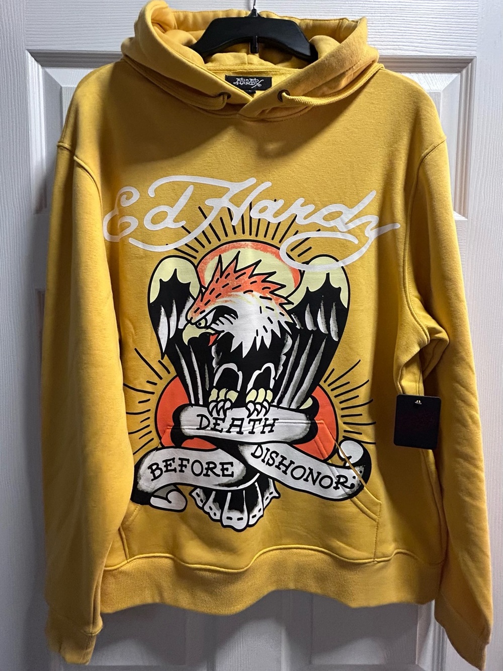 Ed Hardy "Death Before Dishonor" Yellow Hoodie Y2K NWT Size L